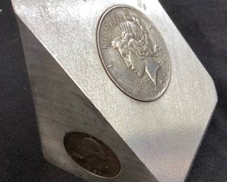 STEEL PAPERWEIGHT w 1923 PEACE DOLLAR, 1964 KENNEDY HALF DOLLAR & 1959 WASHINGTON QUARTER