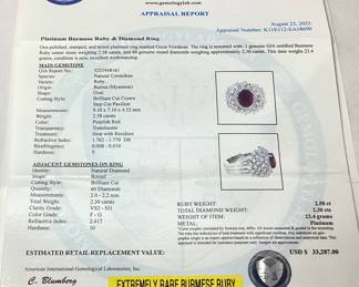 PLATINUM BURMESE RUBY & DIAMOND RING, SIZE 7, EXTREMELY RARE G.I.A. CERTIFIED RUBY, 2.58cts RUBY, 2.30cts DIAMONDS, 23.4g TOTAL WEIGHT, AIGL APPRAISAL $33,287.00