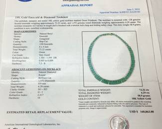 18KT YELLOW GOLD EMERALD & DIAMOND NECKLACE, 16.5’’ L 73.32cts EMERALDS, 6.29cts DIAMONDS, 58.9g TOTAL WEIGHT
AIGL APPRAISAL $160,863.00,