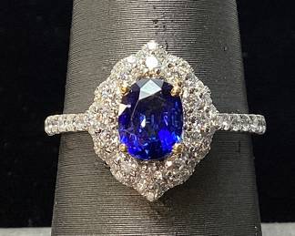 18KT WHITE & YELLOW GOLD BLUE SAPPHIRE & DIAMOND RING SIZE 7.25, 1.08cts SAPPHIRE, 0.56cts DIAMONDS, 3.7g TOTAL

WEIGHT GGA APPRAISAL $11,970.00,