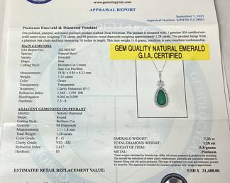 PLATINUM EMERALD & DIAMOND PENDANT, 18’’ L, G.I.A. CERTIFIED NATURAL EMERALD, 7.33cts EMERALD, 1.28cts DIAMONDS 11.8g TOTAL WEIGHT, AIGL APPRAISAL $31,488.00,
