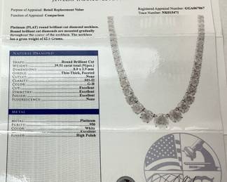 PLATINUM DIAMOND NECKLACE, 39.51cts DIAMONDS 62.9g TOTAL WEIGHT, GGA APPRAISAL $243,580.00,