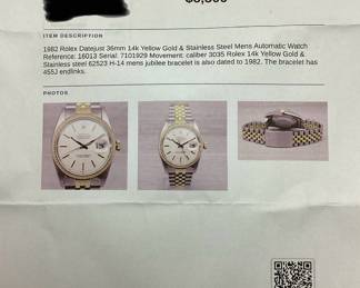 1982 ROLEX DATEJUST 36mm 14KT GOLD & STAINLESS MEN’S AUTOMATIC WATCH, MOVEMENT CALIBER 3035, JUBILEE
BRACELET WITH 455j ENDLINKS, FLUTED BEZEL
MODEL 16013, RECENTLY SERVICED,