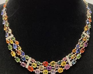 14KT YELLOW GOLD MULTI COLOR SAPPHIRE & DIAMOND NECKLACE, 67.30cts SAPPHIRE, 2.20cts DIAMONDS, 40.2g TOTAL WEIGHT, GGA APPRAISAL $71,340.00,