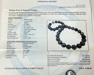 TAHITIAN PEARL & DIAMOND NECKLACE, 14KT WHITE GOLD

BEAD CLASP, 0.35cts DIAMONDS, 103.5g TOTAL WEIGHT

AIGL APPRAISAL $9,550.00,