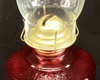 VTG. RUBY GLASS OIL LAMP, 18 H