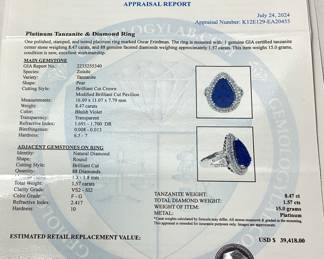PLATINUM TANZANITE & DIAMOND RING, SIZE 7.25, 8.47cts TANZANITE, 1.57cts DIAMONDS, 15g TOTAL WEIGHT

AIGL APPRAISAL $39,418.00,