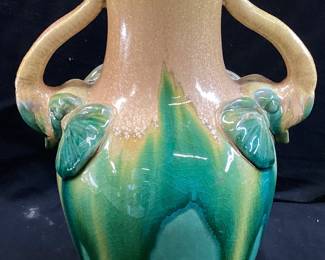 14’’ GREEN & BEIGE 2 HANDLE POTTERY VASE