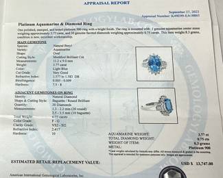 PLATINUM AQUAMARINE & DIAMOND RING, SIZE 7, 3.77cts AQUAMARINE, 0.75cts DIAMONDS, 8.3g TOTAL WEIGHT

AIGL APPRAISAL $13,747.00,