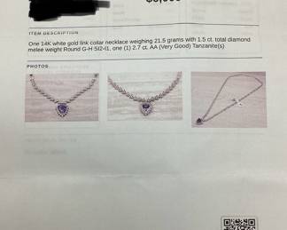 14KT WHITE GOLD w 2.7ct TANZANITE & 1.5ct DIAMONDS, 21.5 GRAMS, COMES WITH APPRAISAL