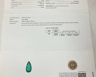 PLATINUM EMERALD & DIAMOND PENDANT, 18’’ L, G.I.A. CERTIFIED NATURAL EMERALD, 7.33cts EMERALD, 1.28cts DIAMONDS 11.8g TOTAL WEIGHT, AIGL APPRAISAL $31,488.00,