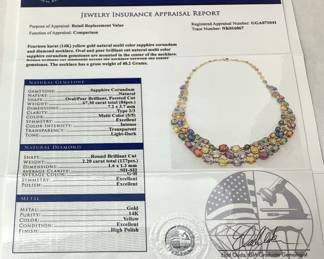 14KT YELLOW GOLD MULTI COLOR SAPPHIRE & DIAMOND NECKLACE, 67.30cts SAPPHIRE, 2.20cts DIAMONDS, 40.2g TOTAL WEIGHT, GGA APPRAISAL $71,340.00,