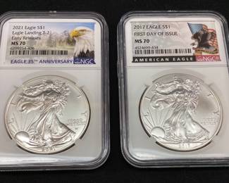 (2) 2021 SILVER AMERICAN EAGLES MS70 EARLY RELEASE T-2 & 2017 1st DAY ISSUE MS70