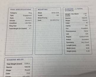 18KT WHITE GOLD 2.54ct M S1 CENTER DIAMOND TACORI ACCENTED SOLITAIRE ENGAGEMENT RING, .59ct SMALL ROUNDS F-G VS1-VS2, 4.7 GRAMS, ALL NATURAL DIAMONDS, SIZE 4