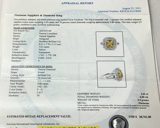 PLATINUM SAPPHIRE & DIAMOND RING, SIZE 7.25, G.I.A. CERTIFIED RARE UNHEATED SAPPHIRE, 3.02cts SAPPHIRE, 0.80cts DIAMONDS 9.9g TOTAL WEIGHT, AIGL APPRAISAL $28,761.00,
