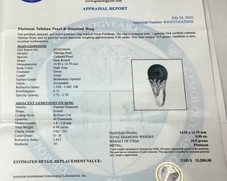 PLATINUM TAHITIAN PEARL & DIAMOND RING, SIZE 7.25, 0.90cts DIAMONDS, AIGL APPRAISAL $13,500.00,