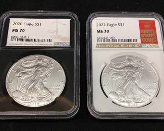 (2) SILVER AMERICAN EAGLES, 2022 MS70 & 2020 MS70