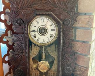 L. Gilbert Clock Co. Ornate Carved Wood Floral Design Mantle Clock