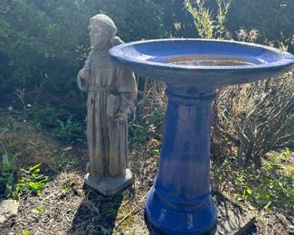 Blue Ceramic Bird Bath, St. Francis Concrete Statue