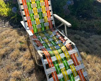 1970's Aluminum Multicolored Webbed Chaise Lounge Lawn Chair