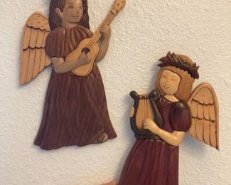 Pair of Aloha Carved Wooden Angels Playing Instruments Wall Art