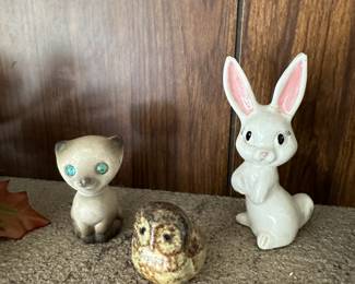 Siamese Cat with Rhinestone Eyes Figurine, Otagiri Pottery Owl Figurine, White Ceramic Bunny Figurine
