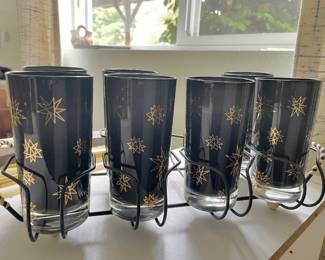 Set of 7 Mid Century Atomic Black Star Glasses