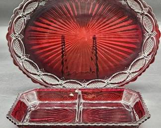 2- Avon Ruby Red Cape Cod Platter & Divided Tray