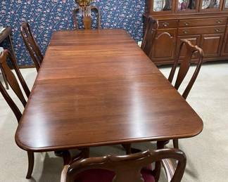 (Matching) Ethan Allan Cherry Double Pedestal Dining Room Table with 6 Upholstered Chairs (2 Leaves, Full Pads, Seats 8)