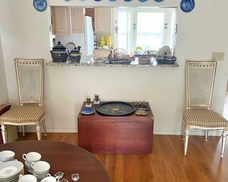 French Provincial dining chairs, cedar chest, Polish Boleslawiec pottery