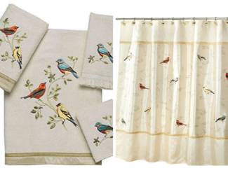 Glided Bird shower curtain & towels                                               
Only used to 'stage' a home for sale                     
