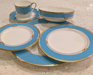 Deco Turquoise Bone China by Erté     4 Dinner Plates ,4 Bread Plates, 4 Salad Plates, 4 Soup Bowls, & 4 Cups and 4 Saucers    Gold Rim   24 pieces   Excellent condition