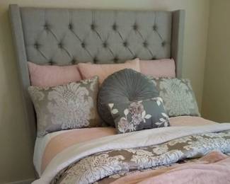 grey fabric queen bedframe footboard and headboard