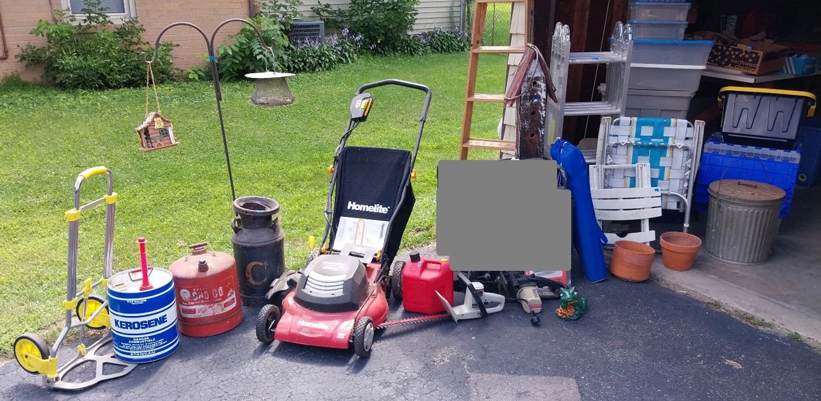 electric mower, milk can, electric chainsaw, hedge trimmers, jig saw, lawn tools, jack stands, totes
