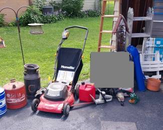 electric mower, milk can, electric chainsaw, hedge trimmers, jig saw, lawn tools, jack stands, totes