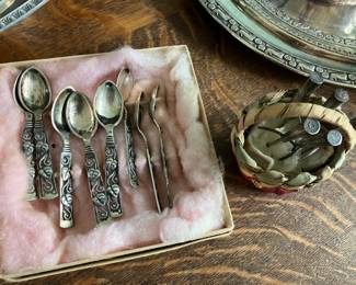Silver demitasse spoons, sterling picks