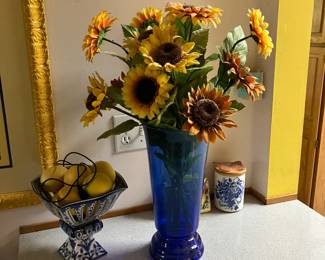 Lemons in blue & white compote, Sunflowers in large cobalt glass vase