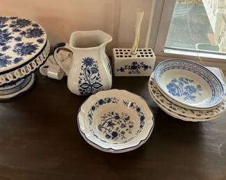 Blue and white bowls, pitcher, flower brick