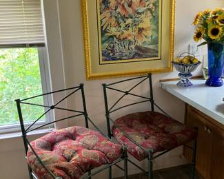 Wrought iron counter height chairs, large framed sunflowers