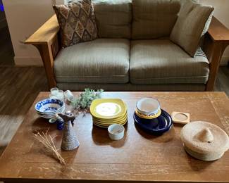 Mission oak loveseat, cocktail table