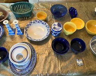 Yellow pottery bowls, cobalt glass , Blue and white knife rests