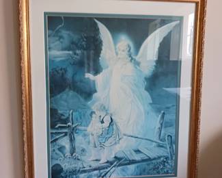 Framed picture of an Angel looking over children Guardian over children