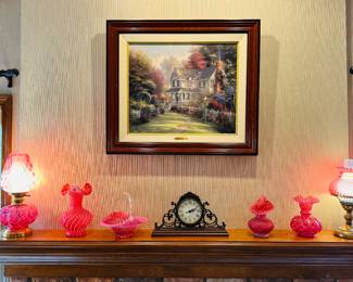 Thomas Kincaid 20x24 Victorian Garden, Fenton , Fenton Opal Lattice Parlor Lamp, Howard Miller Adelaide Mantle Clock 