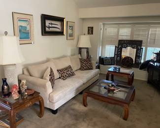 Vintage  porcelain Pr Asian lamps (w/ inside accent lights) clean faux suede sofa, solid wood Asian influenced tables,& more…