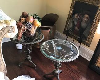 Pair bronze round end tables