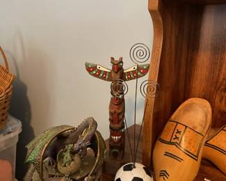 Cultural items - totem pole; wooden shoe; fantasy/mythical items; soccer ball