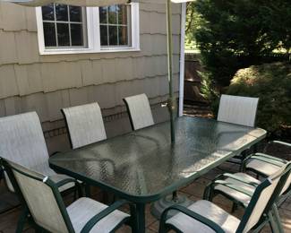 Patio Table, Chairs, Umbrella
