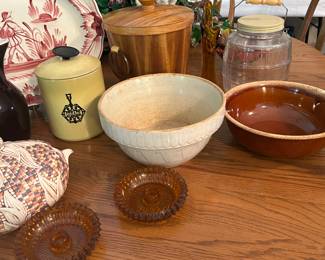 crockery bowl, brown veggie bowl, vintage amber candlesticks, 