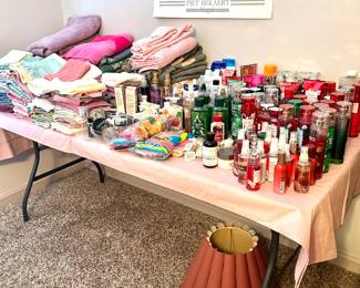 lots of Bath and Body items, towels