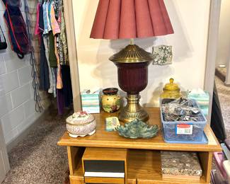 oak cabinet, lamp, glasses 